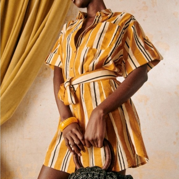 Sezane Dresses & Skirts - Sézane sz S Celia Striped Shirt Dress in Ochre Ecru Belted Oversized